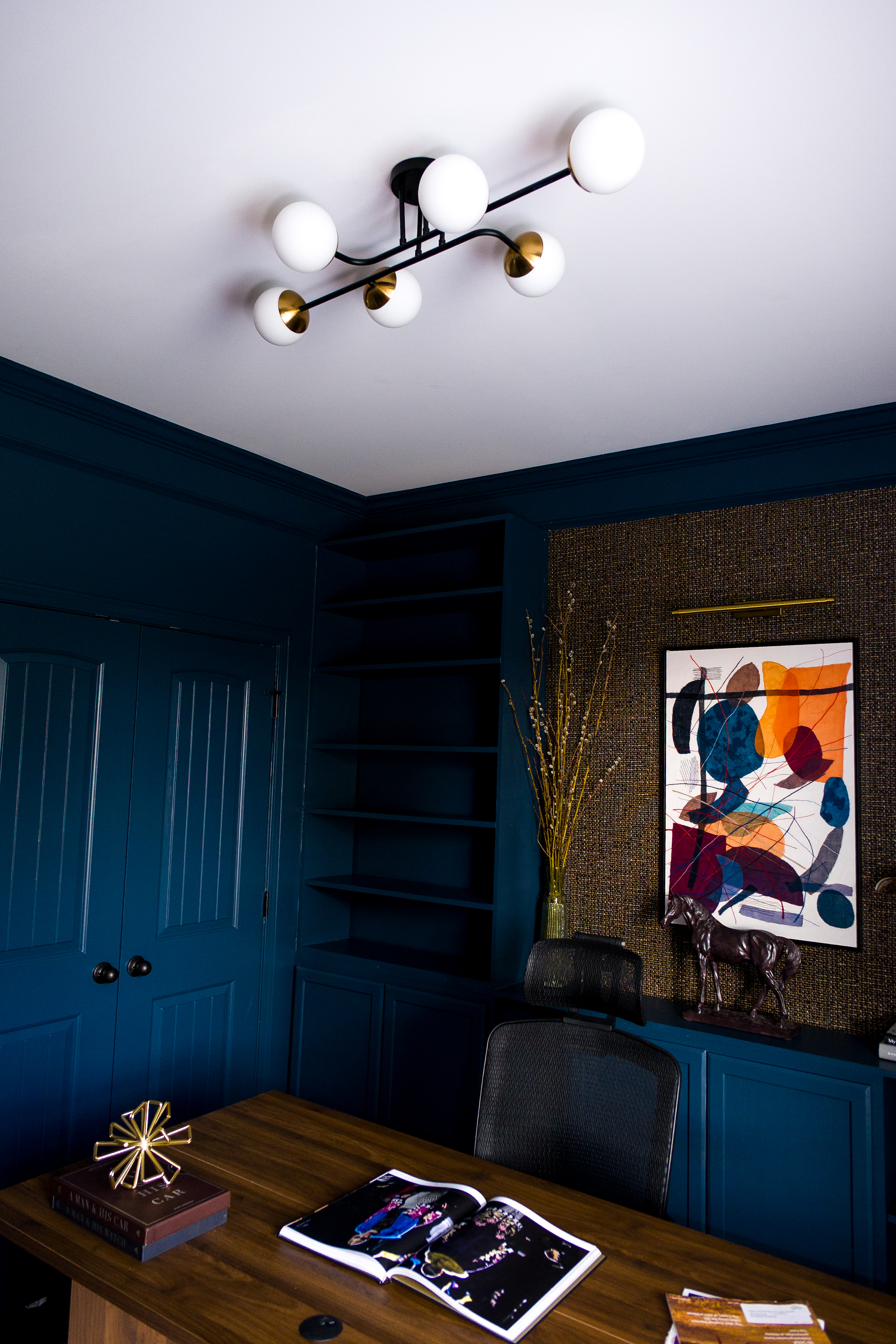 Home office chandelier and full room view