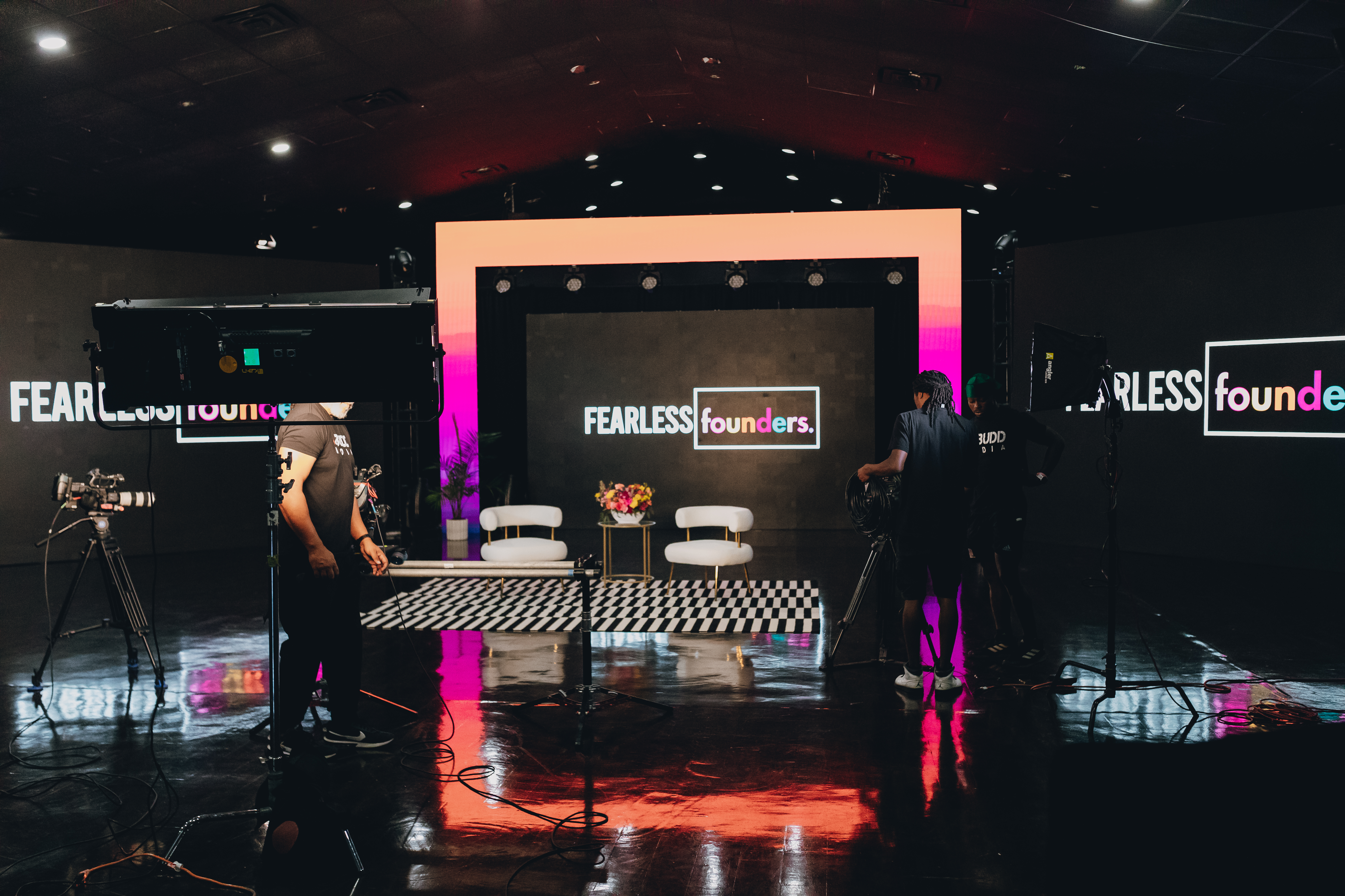 Behind the scenes — production crew setting up the Fearless Founders studio